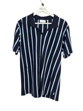 Lindbergh Men's Short Sleeve V-Neck Slim Fit Shirt, Striped, Blue, Cotton, Sz XL